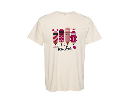 brand:Comfort Colors|color:Ivory|Knitted Teacher Pencils Hearts Shirt Graphic T-Shirt