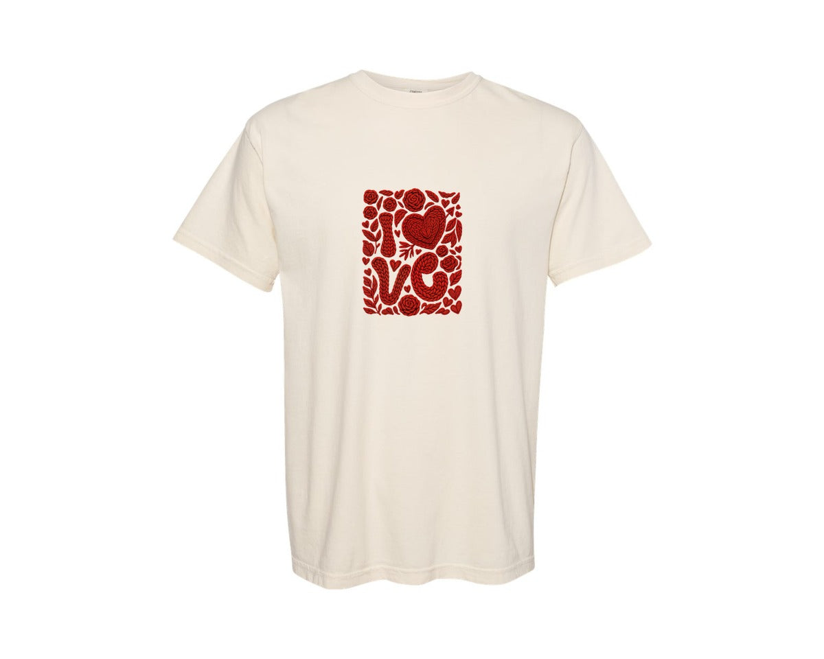 brand:Comfort Colors|color:Ivory|Faux Crochet Valentines Love Floral Graphic T-Shirt