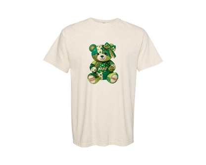 brand:Comfort Colors|color:Ivory|Patchwork Teddy Bear St Patricks Graphic T-Shirt