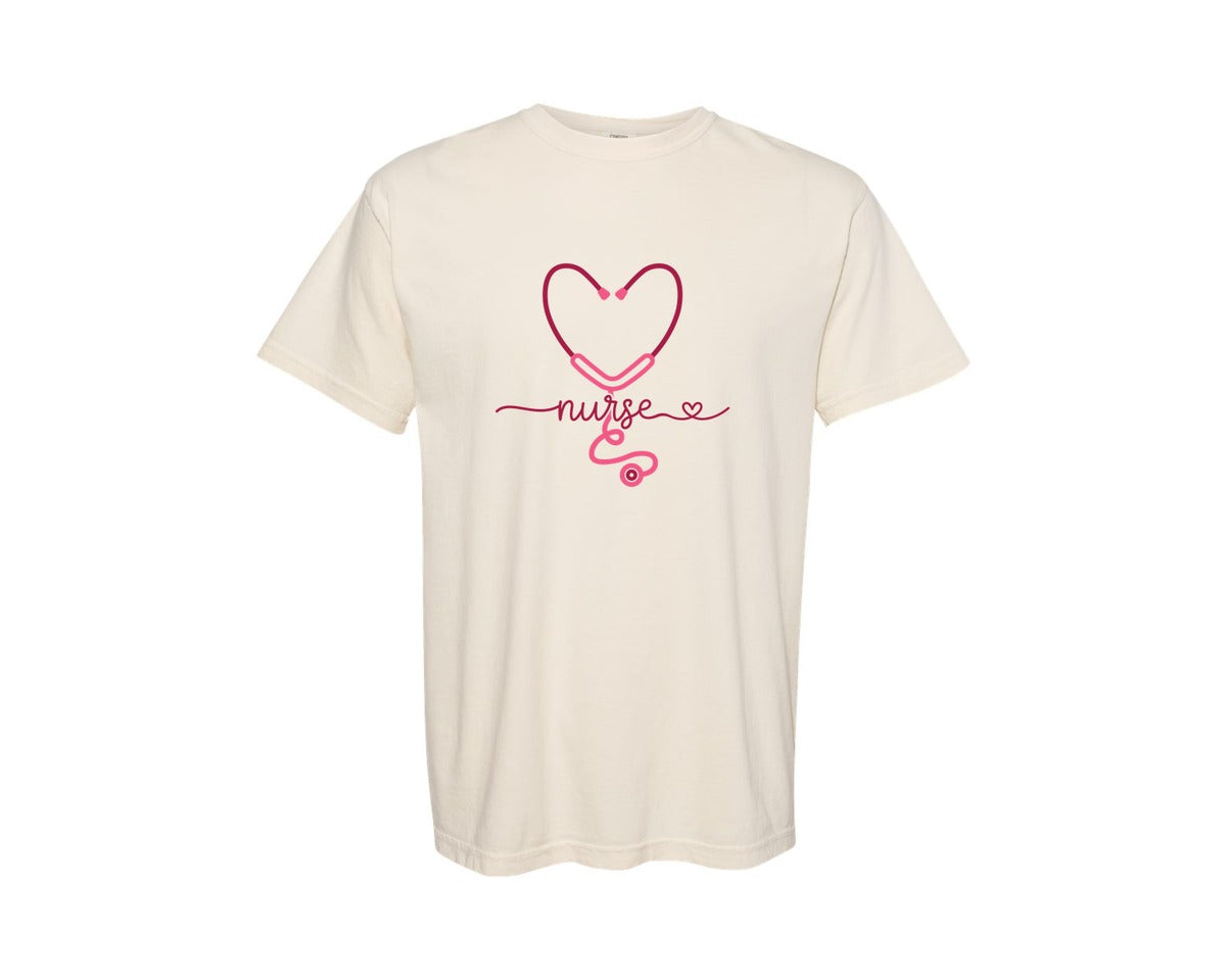 brand:Comfort Colors|color:Ivory|Valentines Stethoscope Nurse Graphic T-Shirt