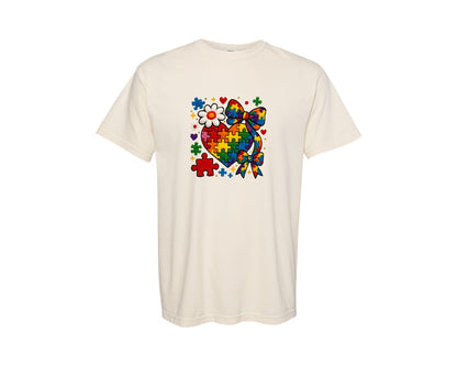brand:Comfort Colors|color:Ivory|Autism Mom Coquette Bow Faux Yarn Shirt Graphic T-Shirt