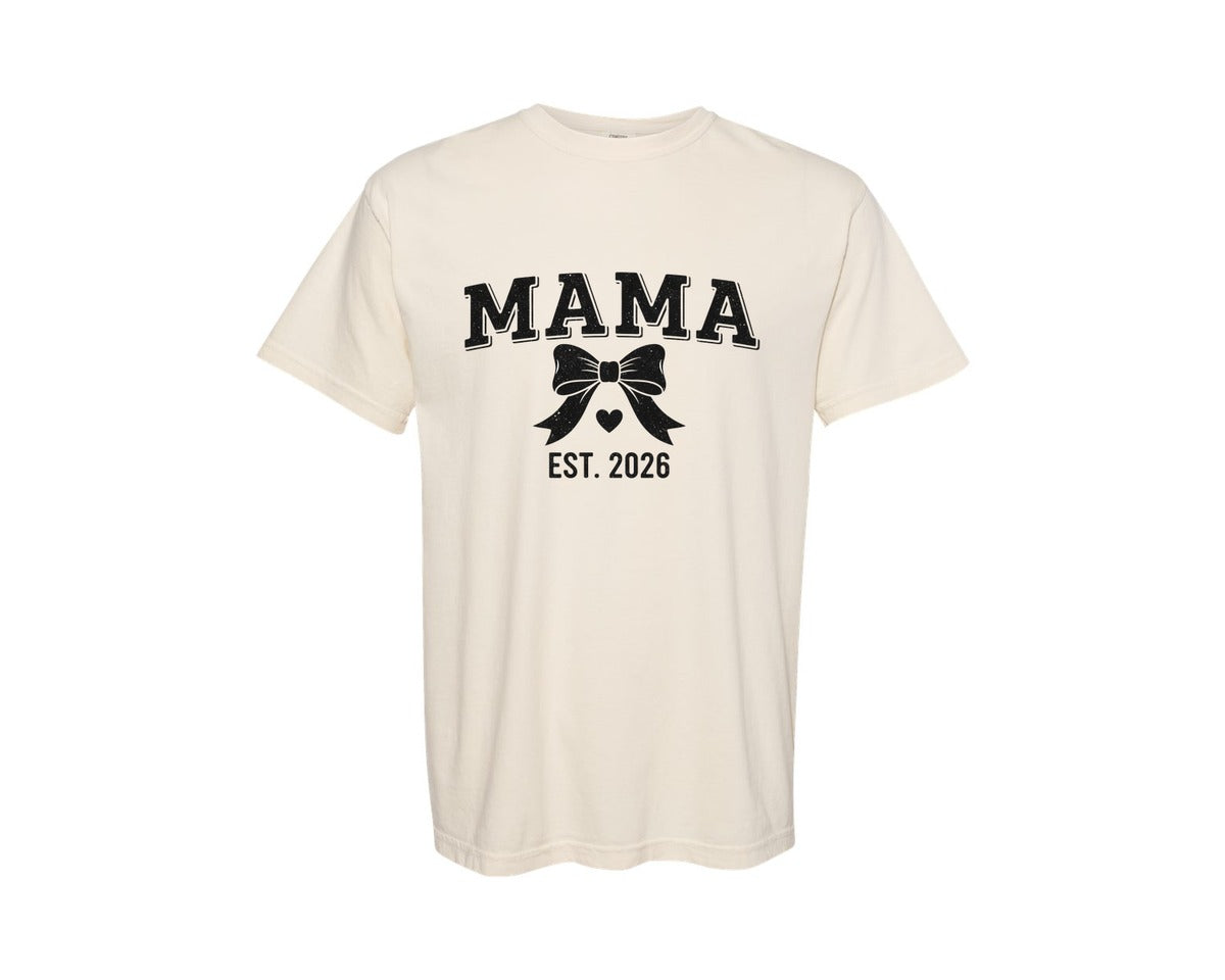 brand:Comfort Colors|color:Ivory|Mama Established Bow Vintage Design Graphic T-Shirt
