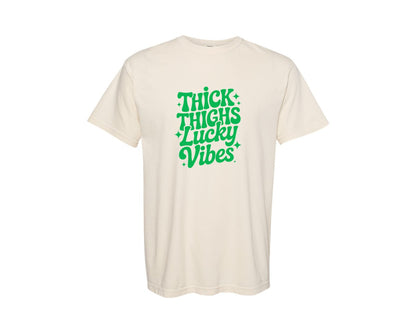 brand:Comfort Colors|color:Ivory|Thick Thighs Lucky Vibes St Patrick Graphic T-Shirt