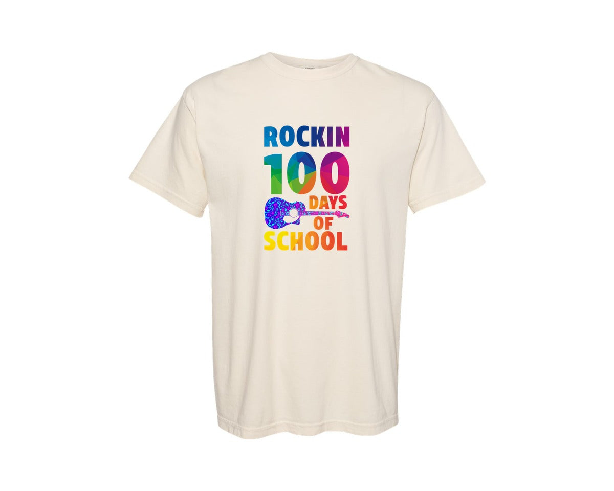 brand:Comfort Colors|color:Ivory|Rockin 100 Days Of School Music Teacher Graphic T-Shirt