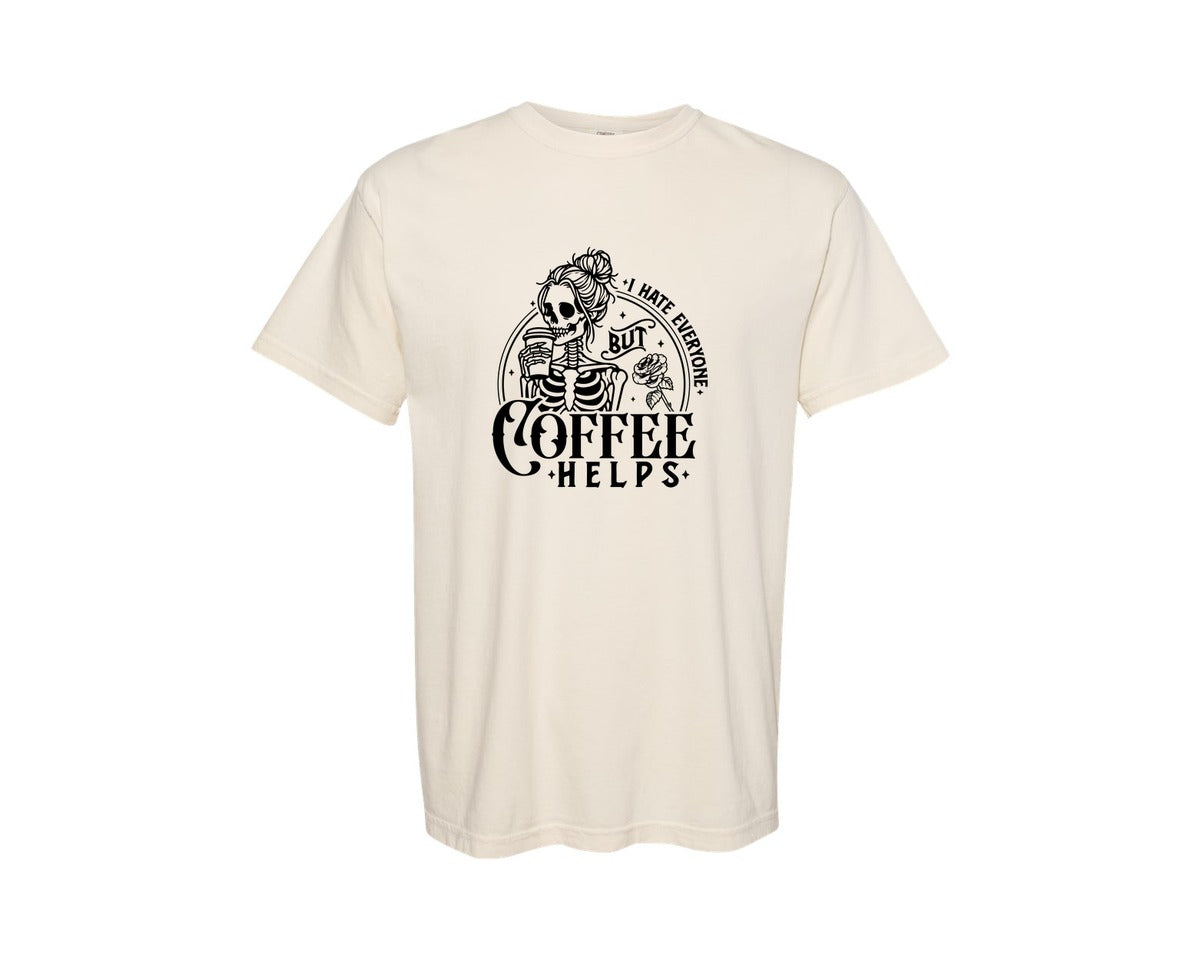 brand:Comfort Colors|color:Ivory|Skeleton Coffee Sarcastic Coffee Lover Graphic T-Shirt