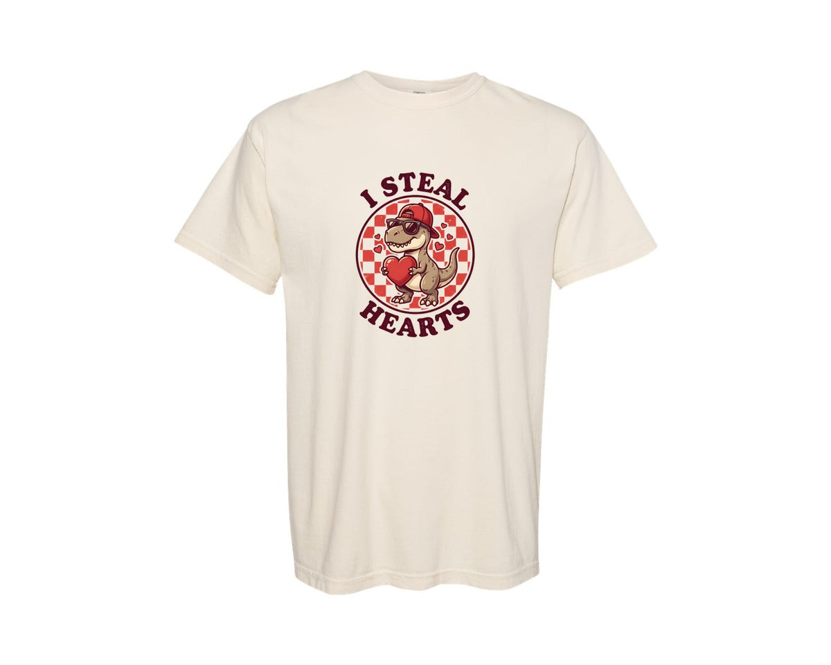 brand:Comfort Colors|color:Ivory|I Steal Hearts Cute Valentine Dinosaur Graphic T-Shirt