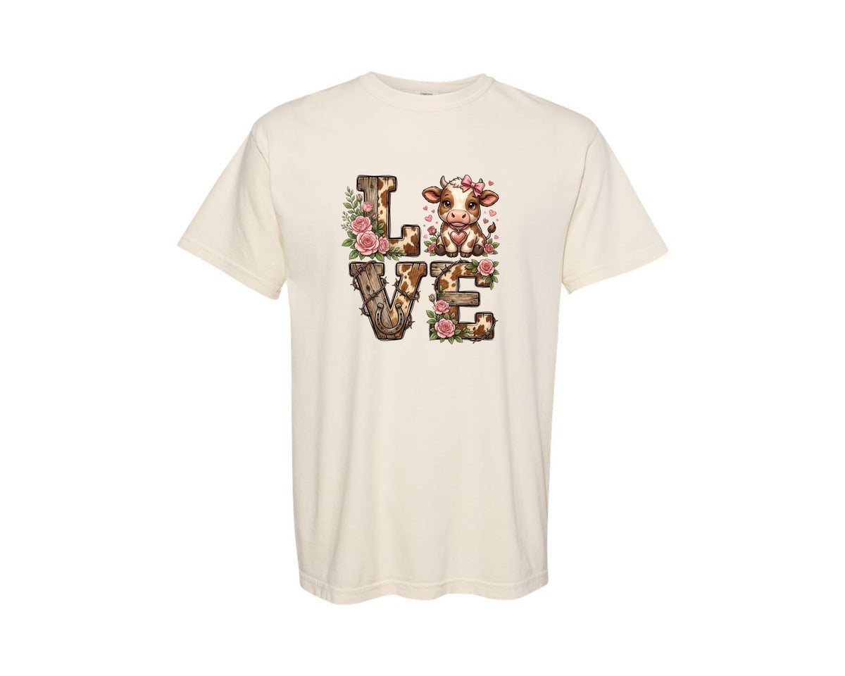brand:Comfort Colors|color:Ivory|Love Highland Cow Valentine Tshirt 2 Graphic T-Shirt