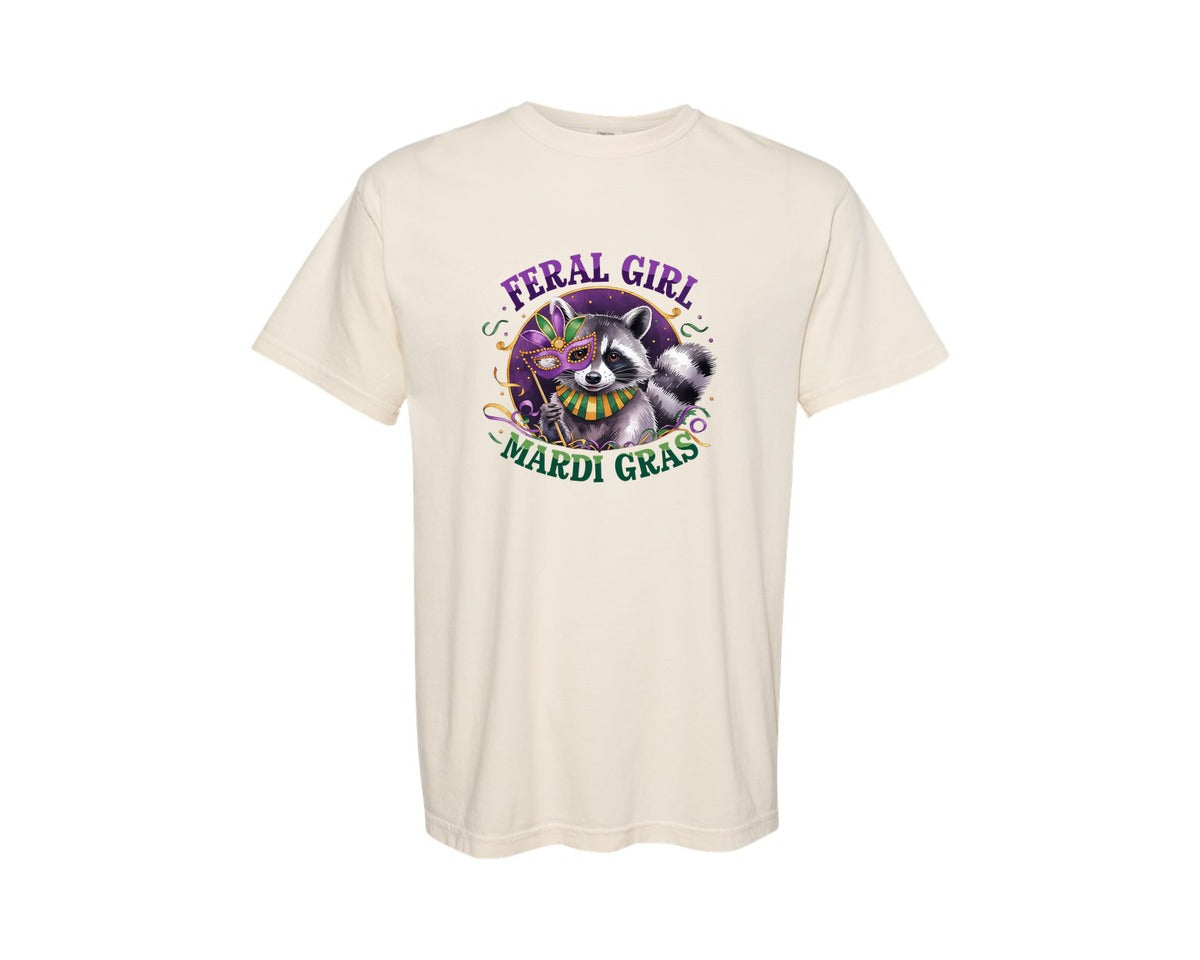 brand:Comfort Colors|color:Ivory|Feral Girl Mardi Gras Funny Raccoon Graphic T-Shirt