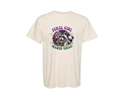 brand:Comfort Colors|color:Ivory|Feral Girl Mardi Gras Funny Raccoon Graphic T-Shirt