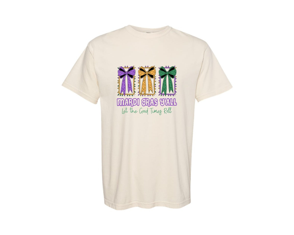 brand:Comfort Colors|color:Ivory|Mardi Gras Yall Coquette Bow Graphic T-Shirt