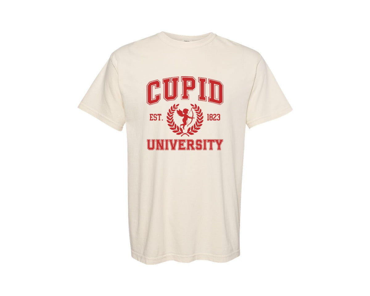 brand:Comfort Colors|color:Ivory|Cupid University Valentines Day 2 Graphic T-Shirt