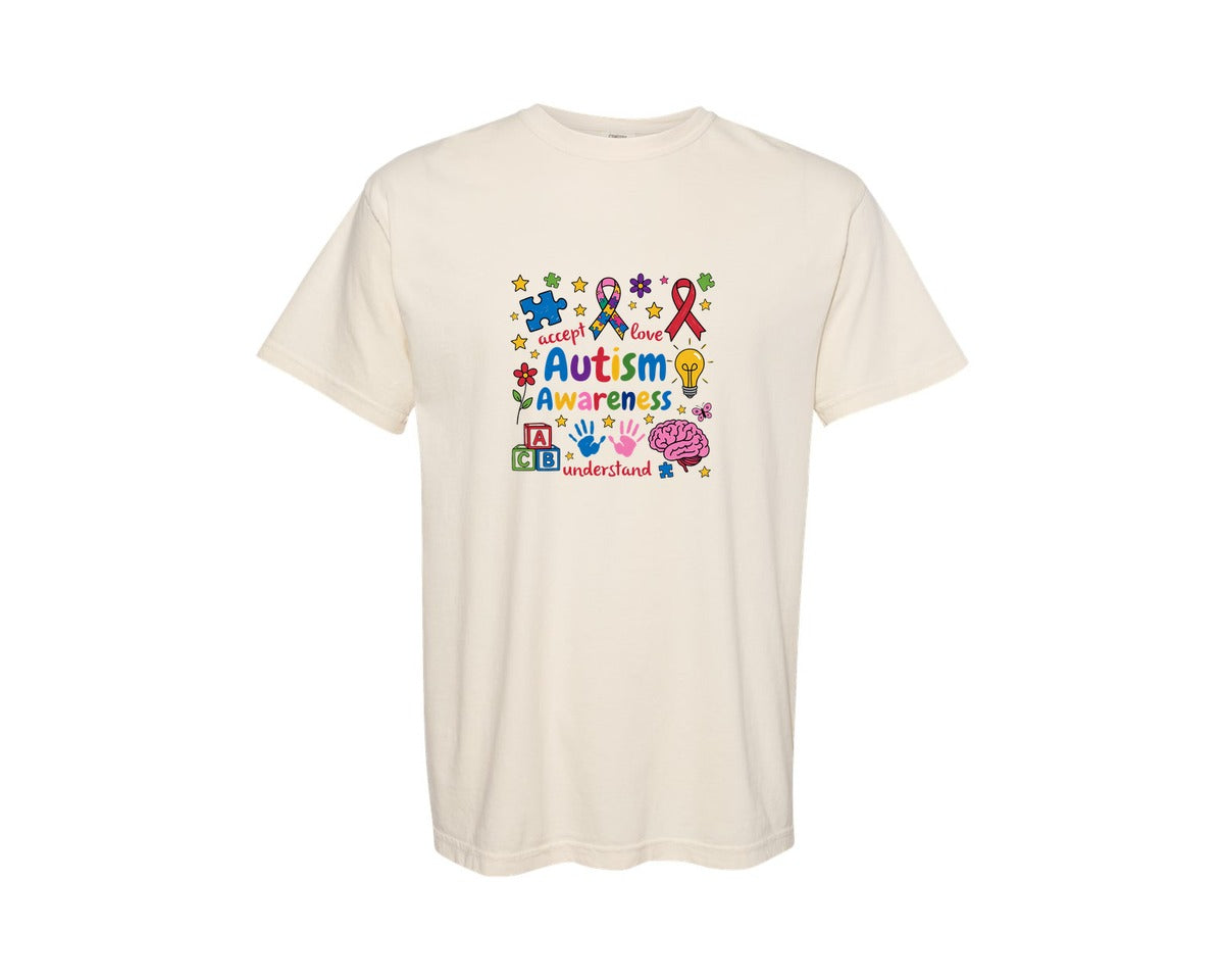 brand:Comfort Colors|color:Ivory|Accept Love Autism Awareness Puzzle Graphic T-Shirt