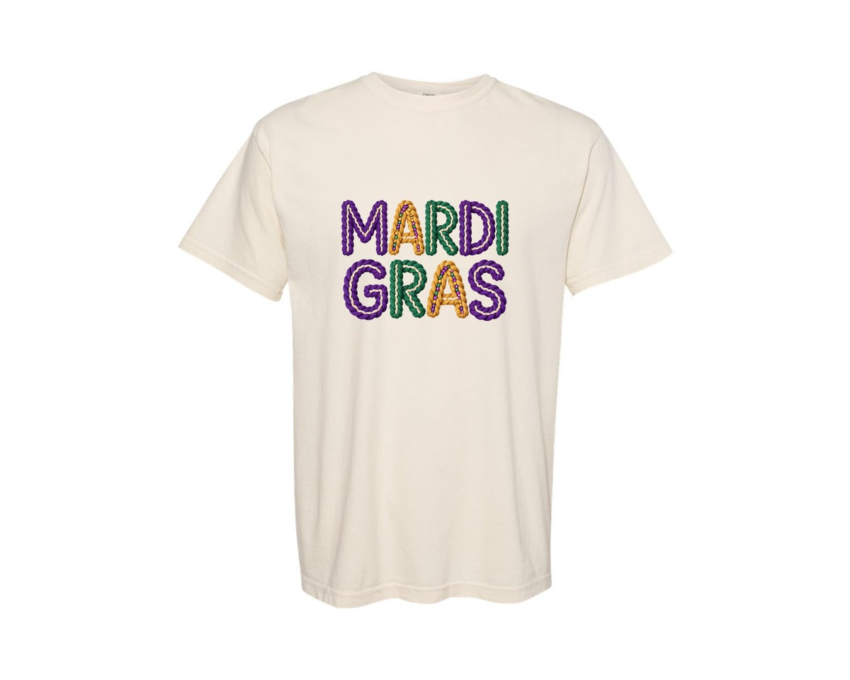 brand:Comfort Colors|color:Ivory|Faux Yarn Mardi Gras Letters Design Graphic T-Shirt