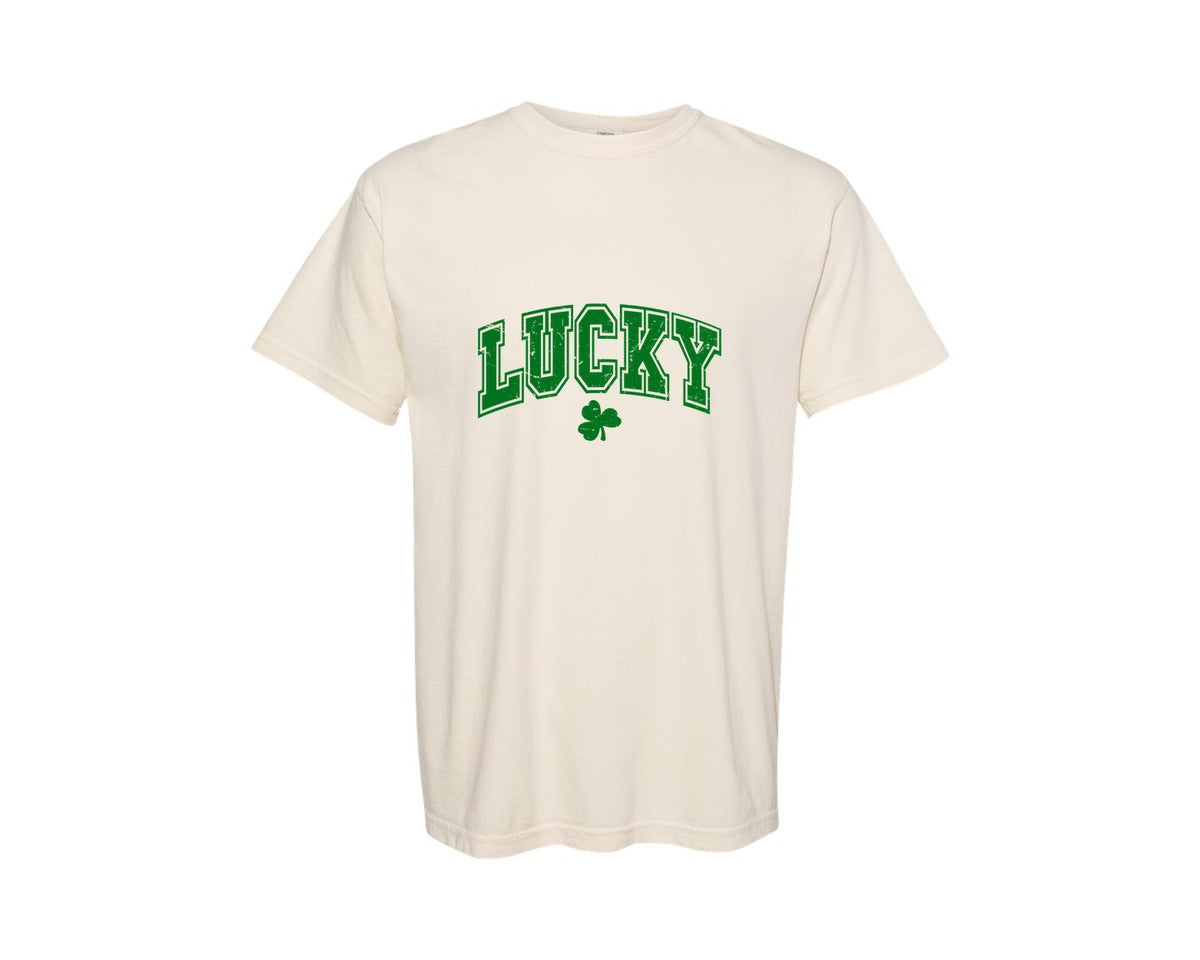 brand:Comfort Colors|color:Ivory|Lucky Distressed Graphic T-Shirt