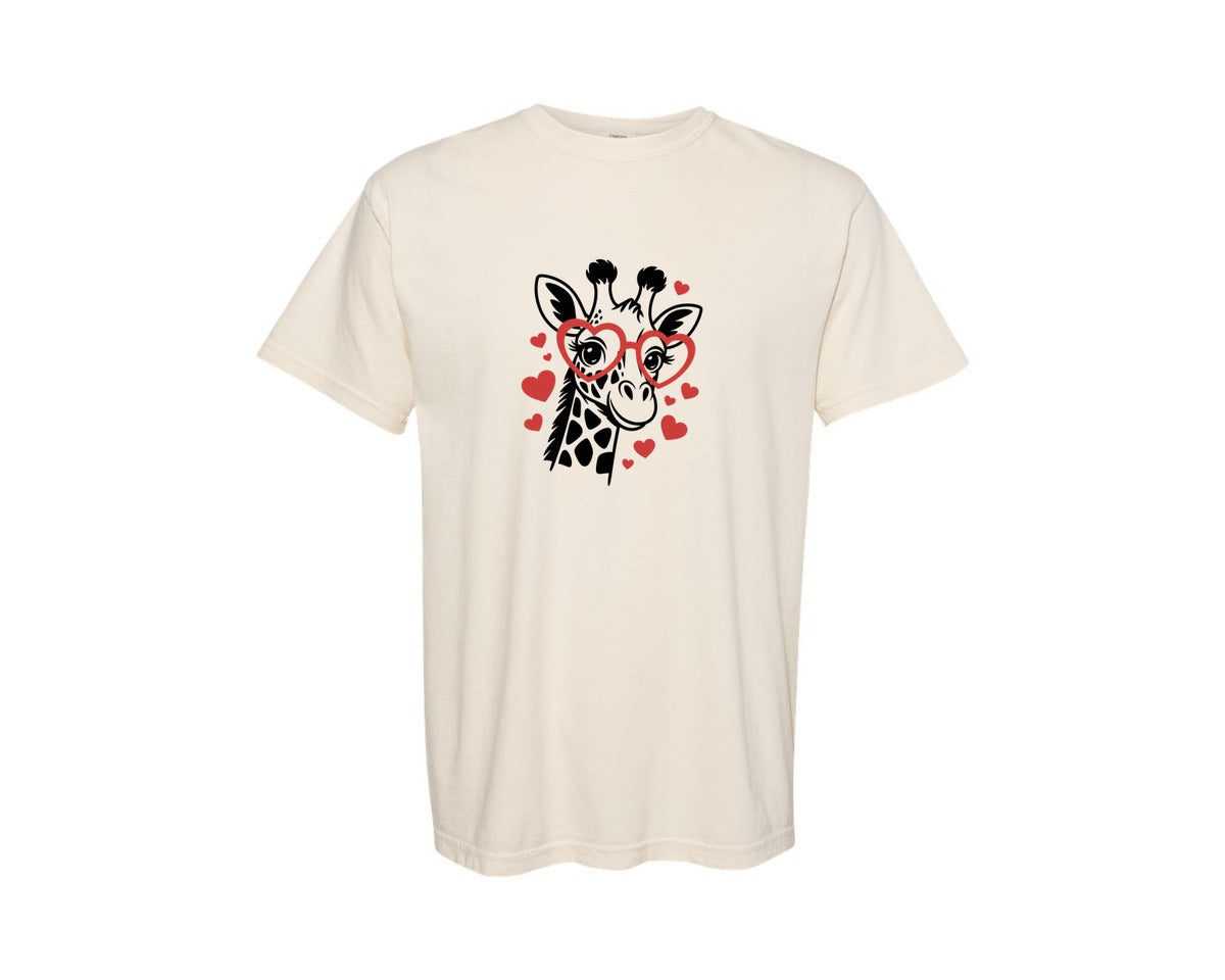 brand:Comfort Colors|color:Ivory|Valentine Giraffe Cute Heart Glasses Graphic T-Shirt