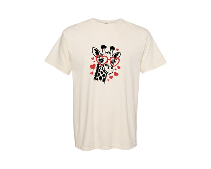brand:Comfort Colors|color:Ivory|Valentine Giraffe Cute Heart Glasses Graphic T-Shirt