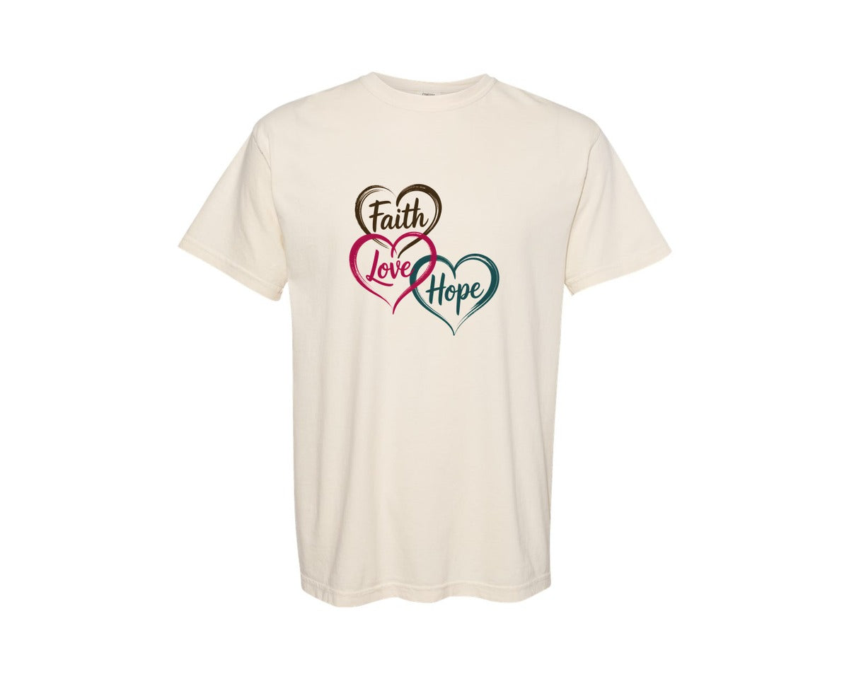 brand:Comfort Colors|color:Ivory|Faith Love Hope Christian Heart Graphic T-Shirt