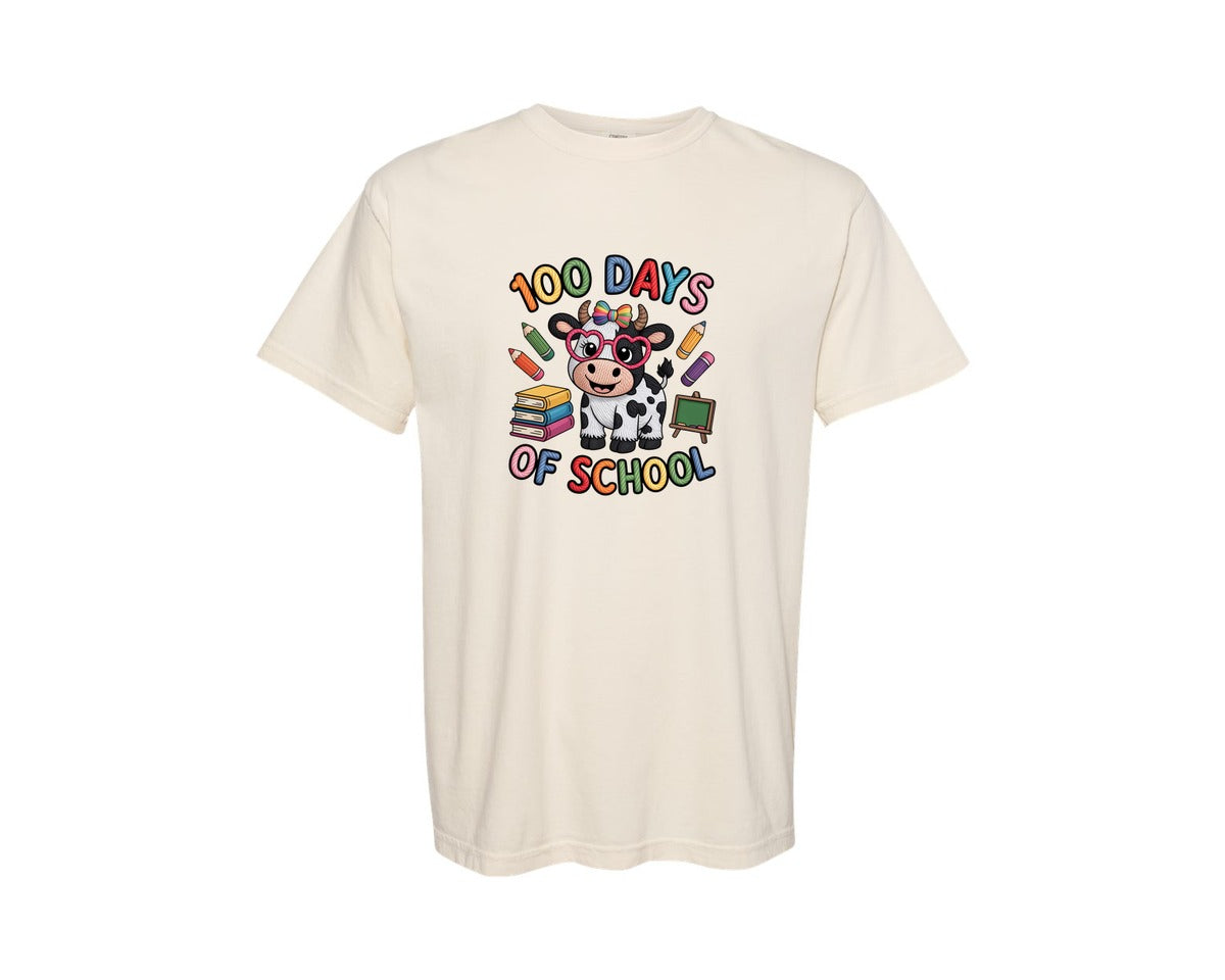 brand:Comfort Colors|color:Ivory|100 Days Of School Highland Cow 4 Graphic T-Shirt