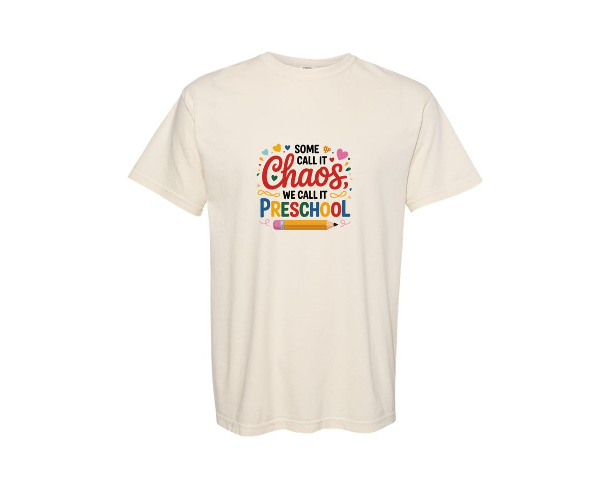brand:Comfort Colors|color:Ivory|Preschool Chaos Colorful Typography Wit Graphic T-Shirt