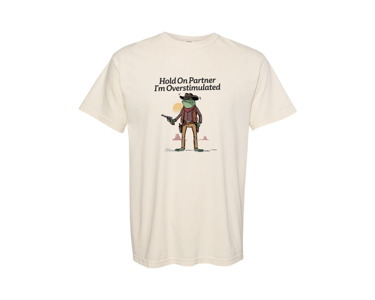 brand:Comfort Colors|color:Ivory|Overstimulated Cowboy Frog Funny Graphic T-Shirt