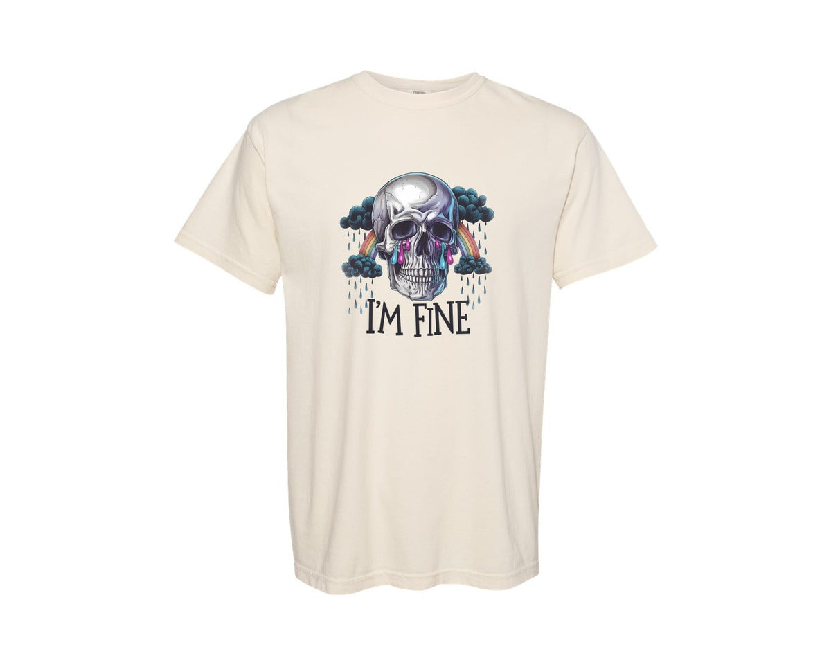 brand:Comfort Colors|color:Ivory|Im Fine Skull Rainbow Tears Dark Graphic T-Shirt