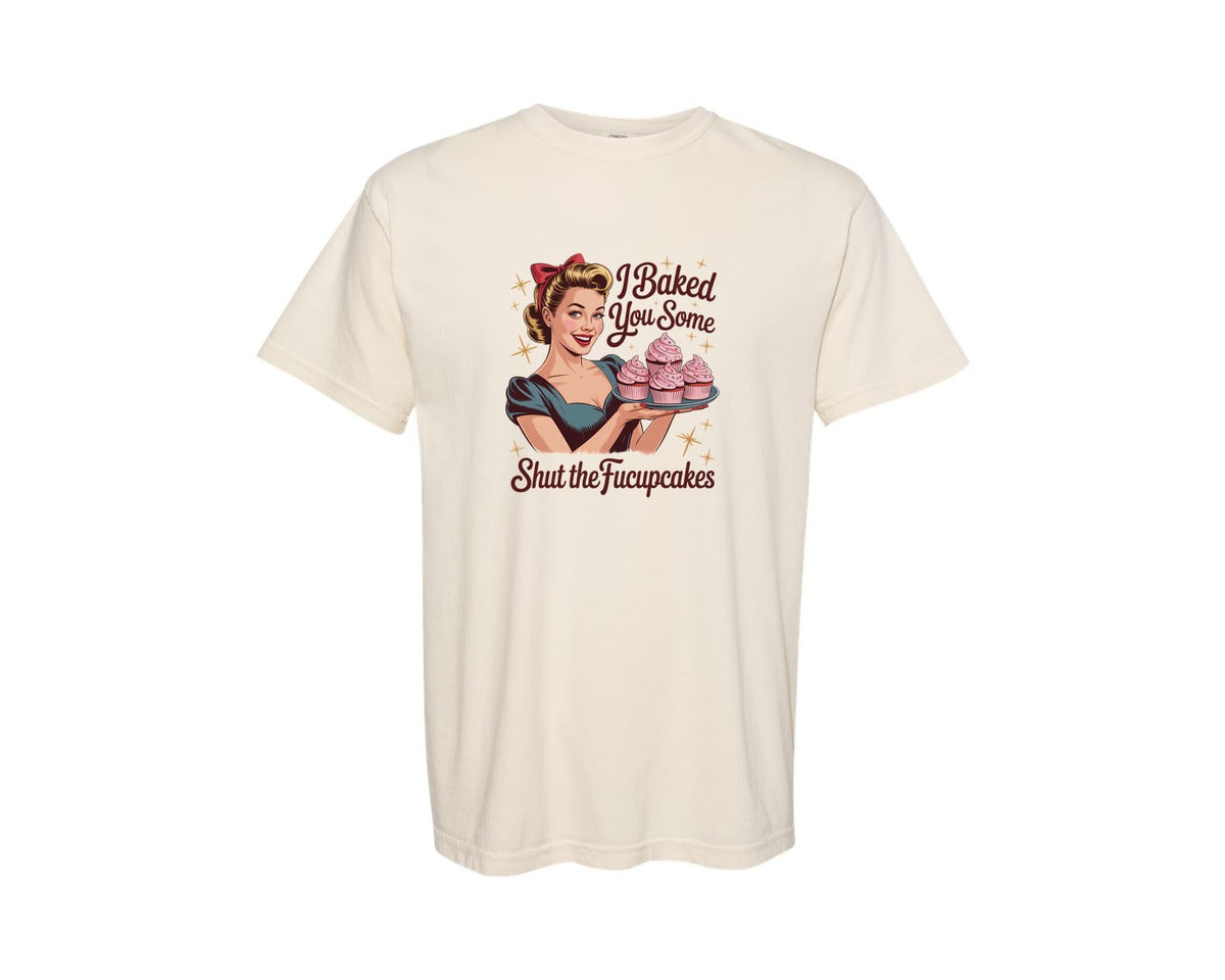 brand:Comfort Colors|color:Ivory|Funny Retro Shut The Cupcakes Graphic T-Shirt
