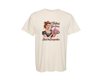 brand:Comfort Colors|color:Ivory|Funny Retro Shut The Cupcakes Graphic T-Shirt