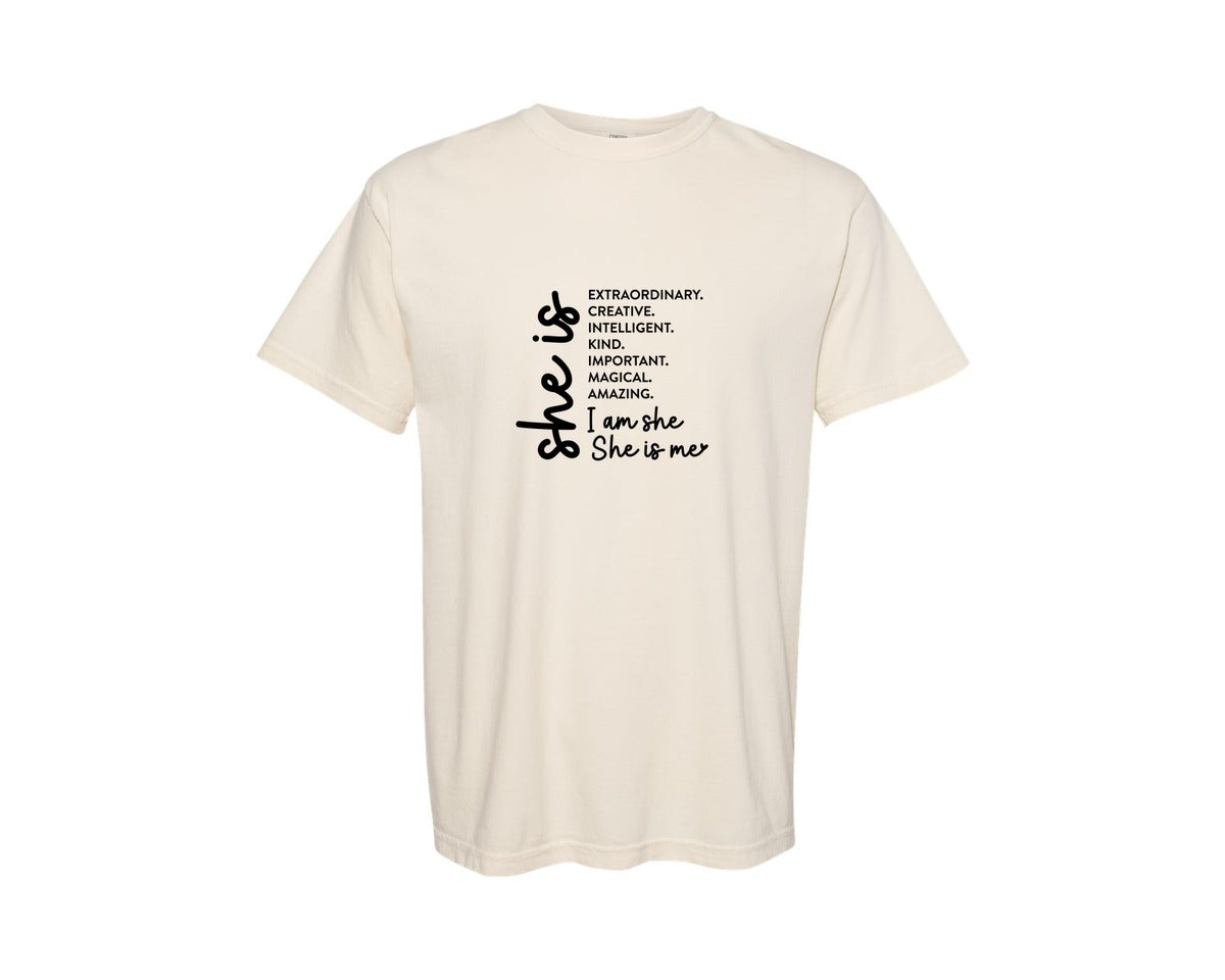 brand:Comfort Colors|color:Ivory|Woman Affirmation She Is Me Graphic T-Shirt
