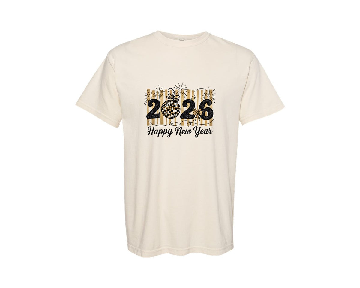 brand:Comfort Colors|color:Ivory|New Year 2026 Glitter Gold New Year Graphic T-Shirt