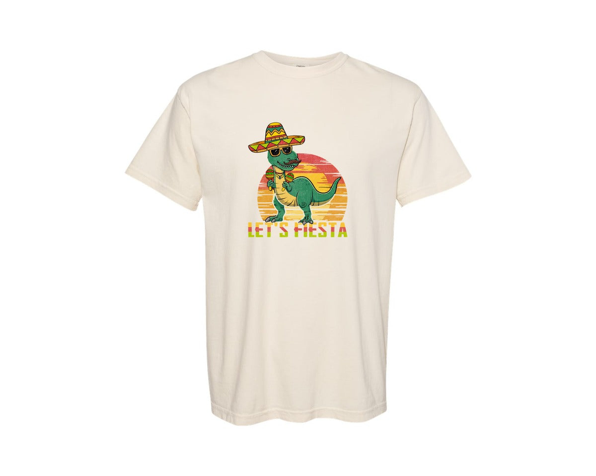 brand:Comfort Colors|color:Ivory|Lets Fiesta Dinosaur Cinco De Mayo Graphic T-Shirt