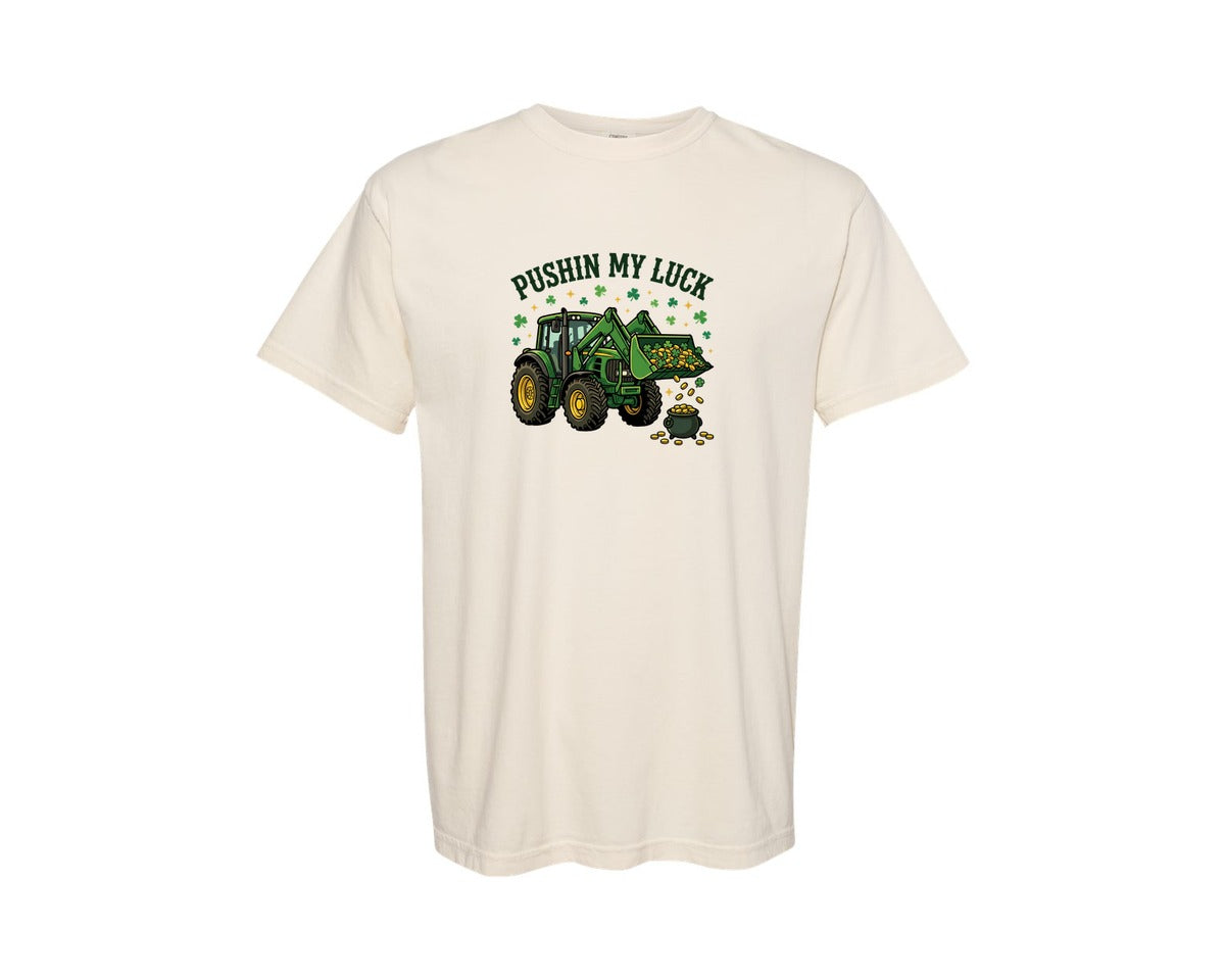 brand:Comfort Colors|color:Ivory|Pushin My Luck Tractor St Patricks Graphic T-Shirt