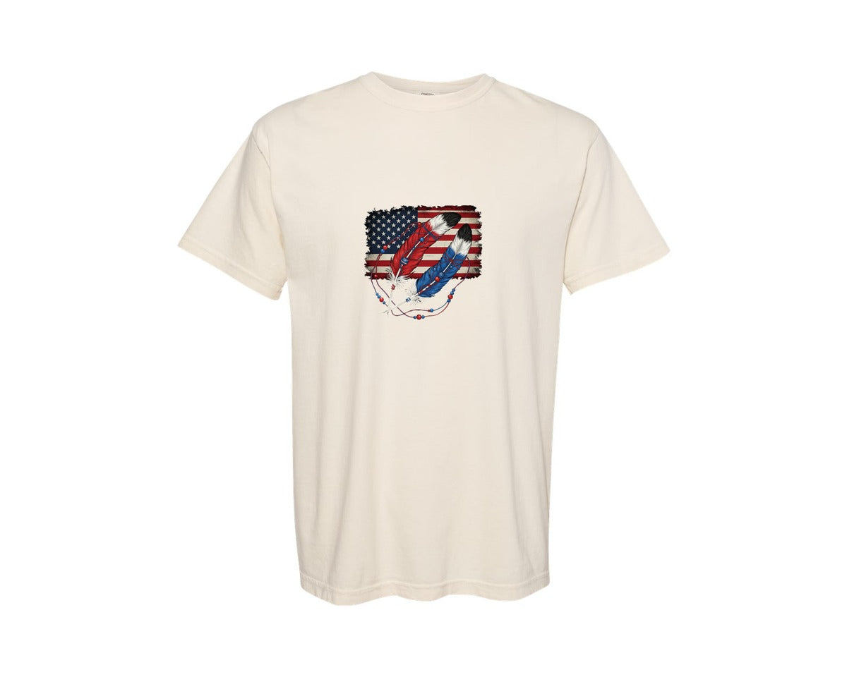 brand:Comfort Colors|color:Ivory|Distressed American Flag With Native Am Graphic T-Shirt