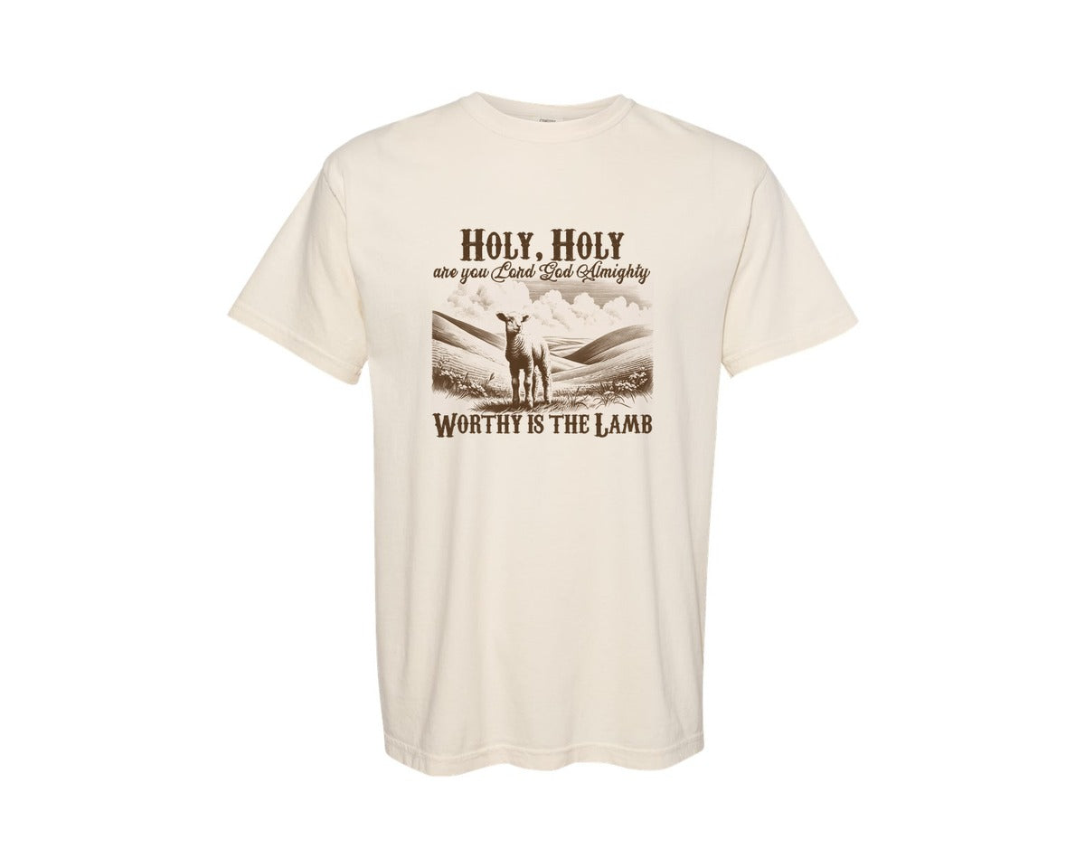 brand:Comfort Colors|color:Ivory|Worthy Is The Lamb Christian Western Graphic T-Shirt