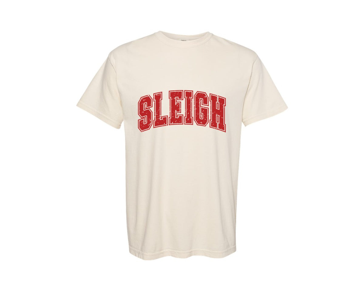 brand:Comfort Colors|color:Ivory|Sleigh Christmas Varsity Distressed Graphic T-Shirt