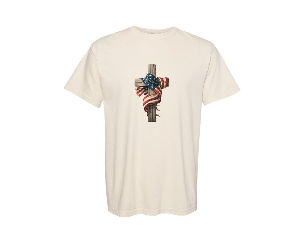 brand:Comfort Colors|color:Ivory|Usa Flag Cross Rustic Patriotic Graphic T-Shirt