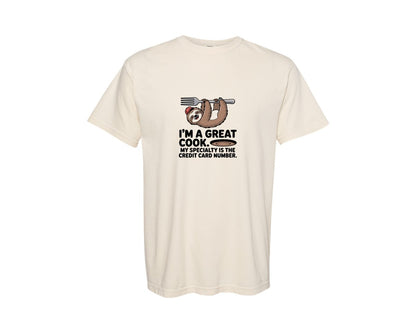 brand:Comfort Colors|color:Ivory|Funny Sloth Cook Hanging On A Fork Graphic T-Shirt