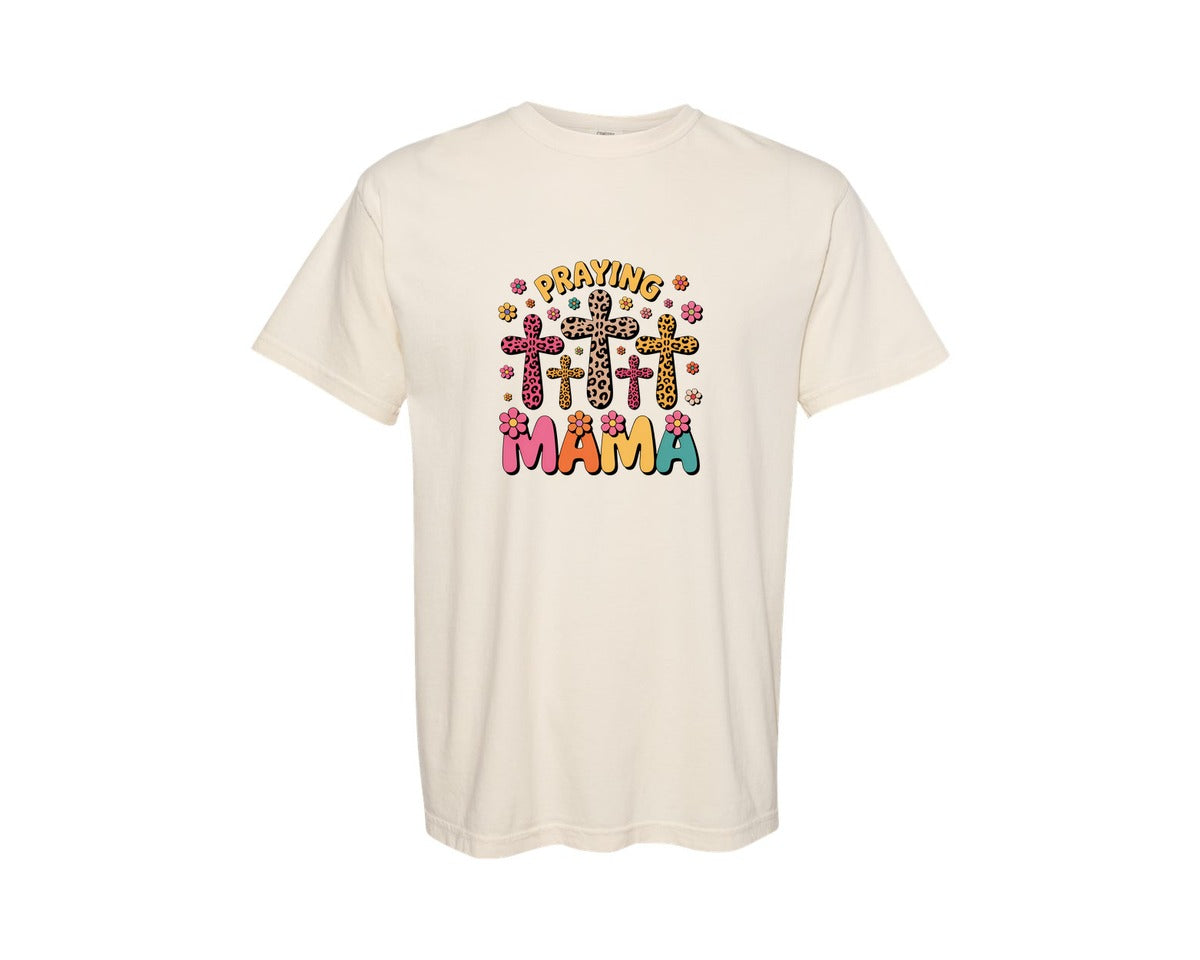 brand:Comfort Colors|color:Ivory|Praying Mama Leopard Cross Design Graphic T-Shirt
