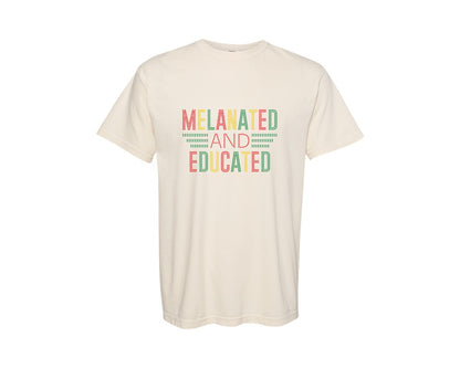 brand:Comfort Colors|color:Ivory|Melanated And Educatedrhinestone Design Graphic T-Shirt