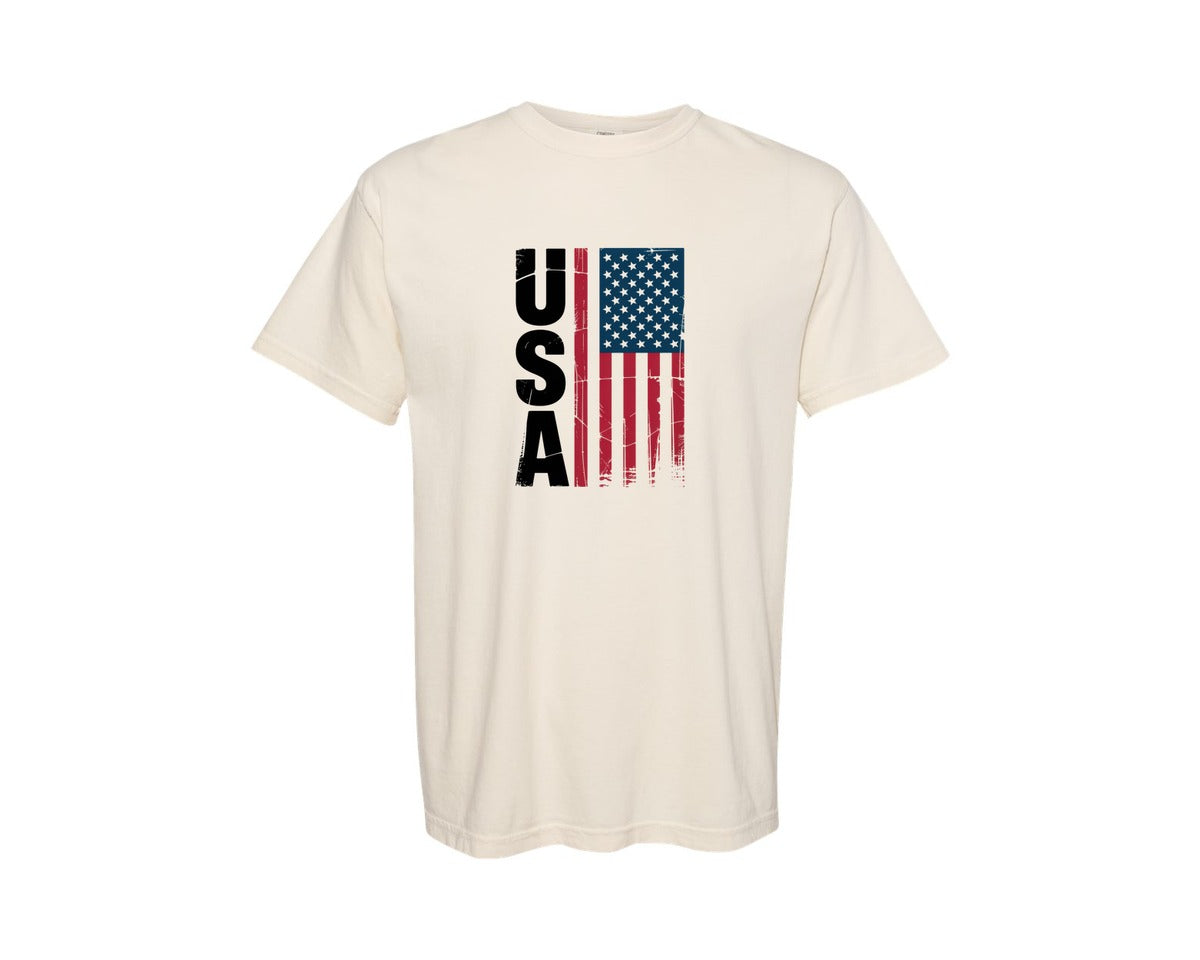 brand:Comfort Colors|color:Ivory|Distressed Usa Flag Patriotic Graphic T-Shirt