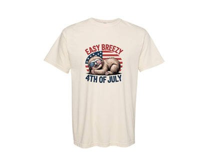brand:Comfort Colors|color:Ivory|Easy Breezy 4Th Of July Sloth Graphic T-Shirt