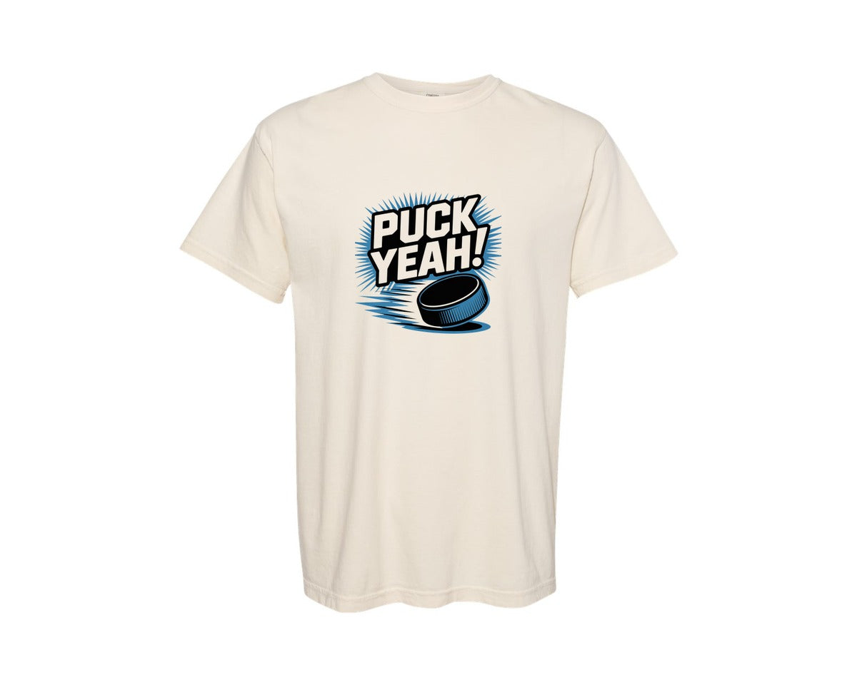 brand:Comfort Colors|color:Ivory|Puck Yeah Ice Hockey Trendy Shirt Graphic T-Shirt