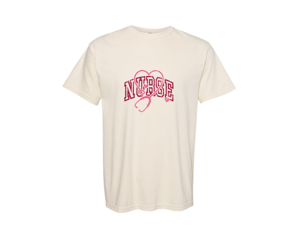brand:Comfort Colors|color:Ivory|Valentines Nurse Stethoscope Heart 2 Graphic T-Shirt