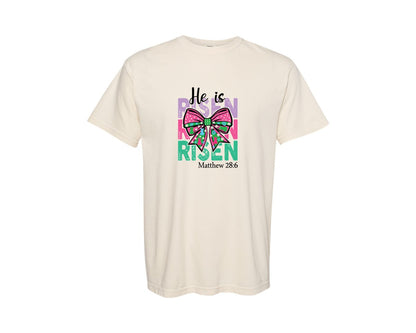 brand:Comfort Colors|color:Ivory|He Is Risen Bow Easter Christian Graphic T-Shirt