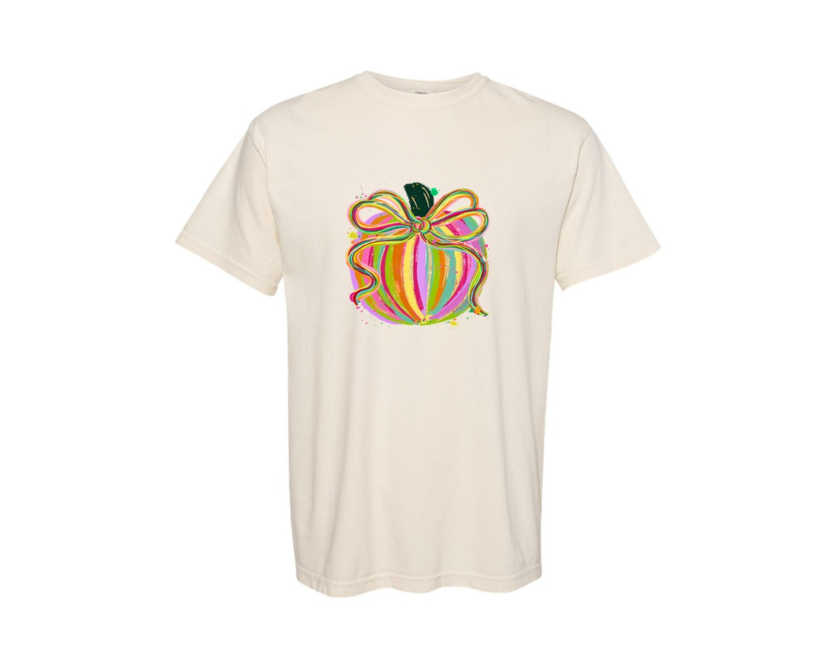 brand:Comfort Colors|color:Ivory|Preppy Pumpkin Brushstroke Coquette Bow Graphic T-Shirt