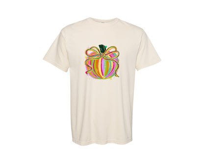 brand:Comfort Colors|color:Ivory|Preppy Pumpkin Brushstroke Coquette Bow Graphic T-Shirt