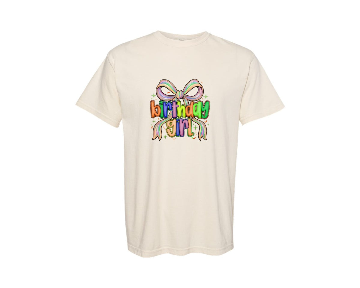 brand:Comfort Colors|color:Ivory|Birthday Girl Bow Faux Yarn Coquette Graphic T-Shirt