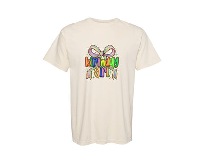 brand:Comfort Colors|color:Ivory|Birthday Girl Bow Faux Yarn Coquette Graphic T-Shirt