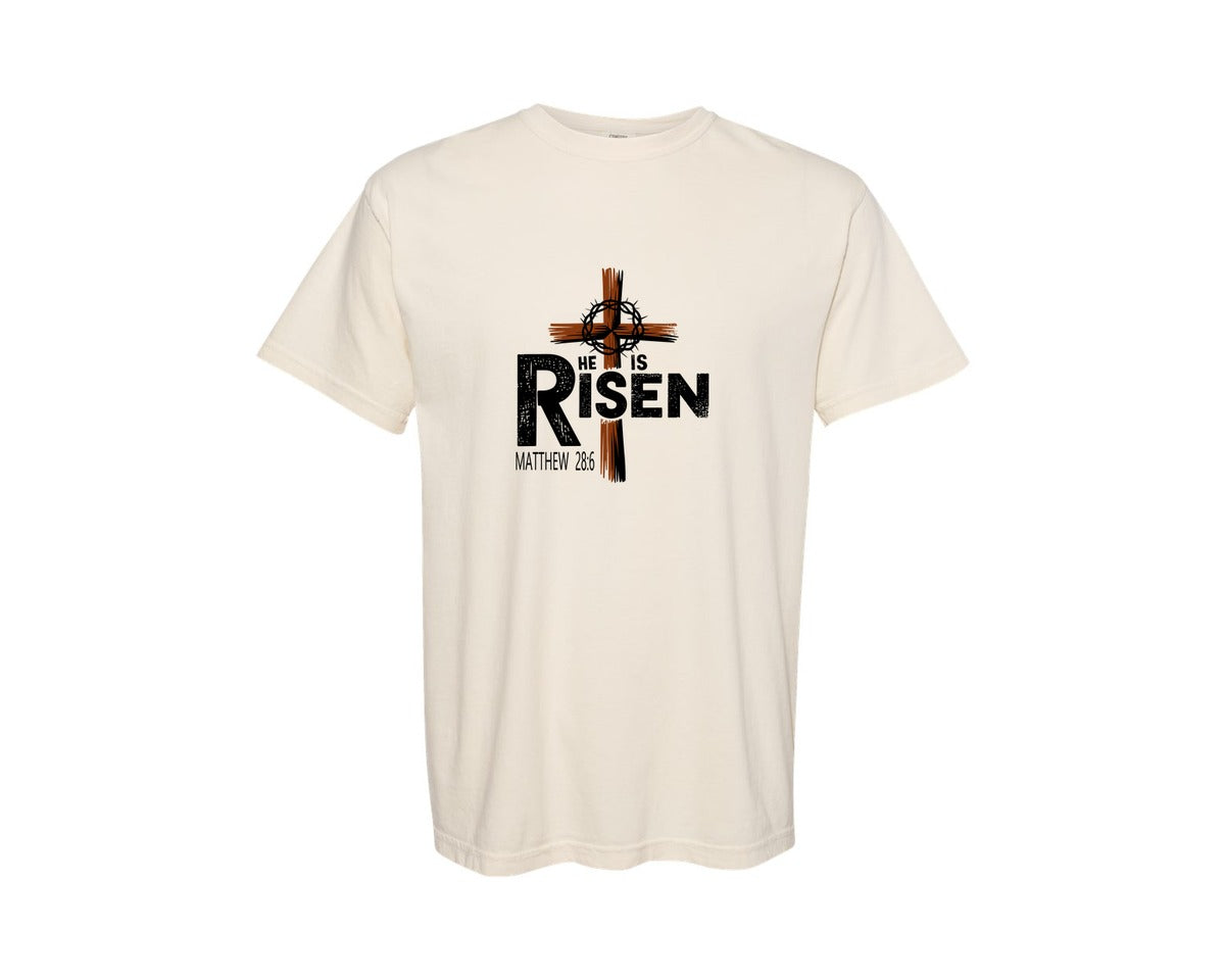 brand:Comfort Colors|color:Ivory|He Is Risen Cross Scripture Graphic T-Shirt