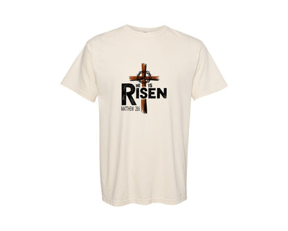brand:Comfort Colors|color:Ivory|He Is Risen Cross Scripture Graphic T-Shirt