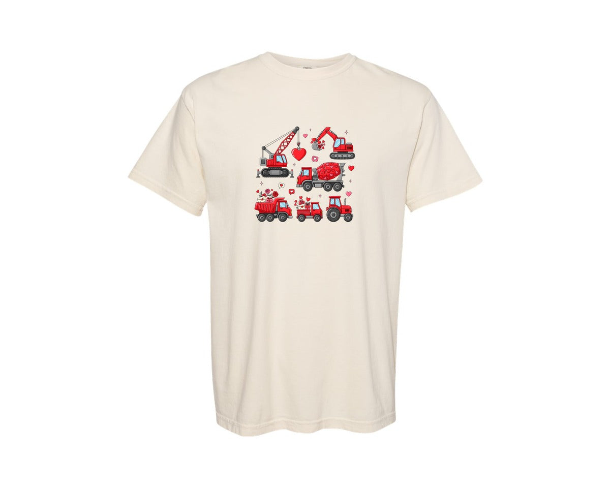 brand:Comfort Colors|color:Ivory|Valentine Construction Vehicles Graphic T-Shirt